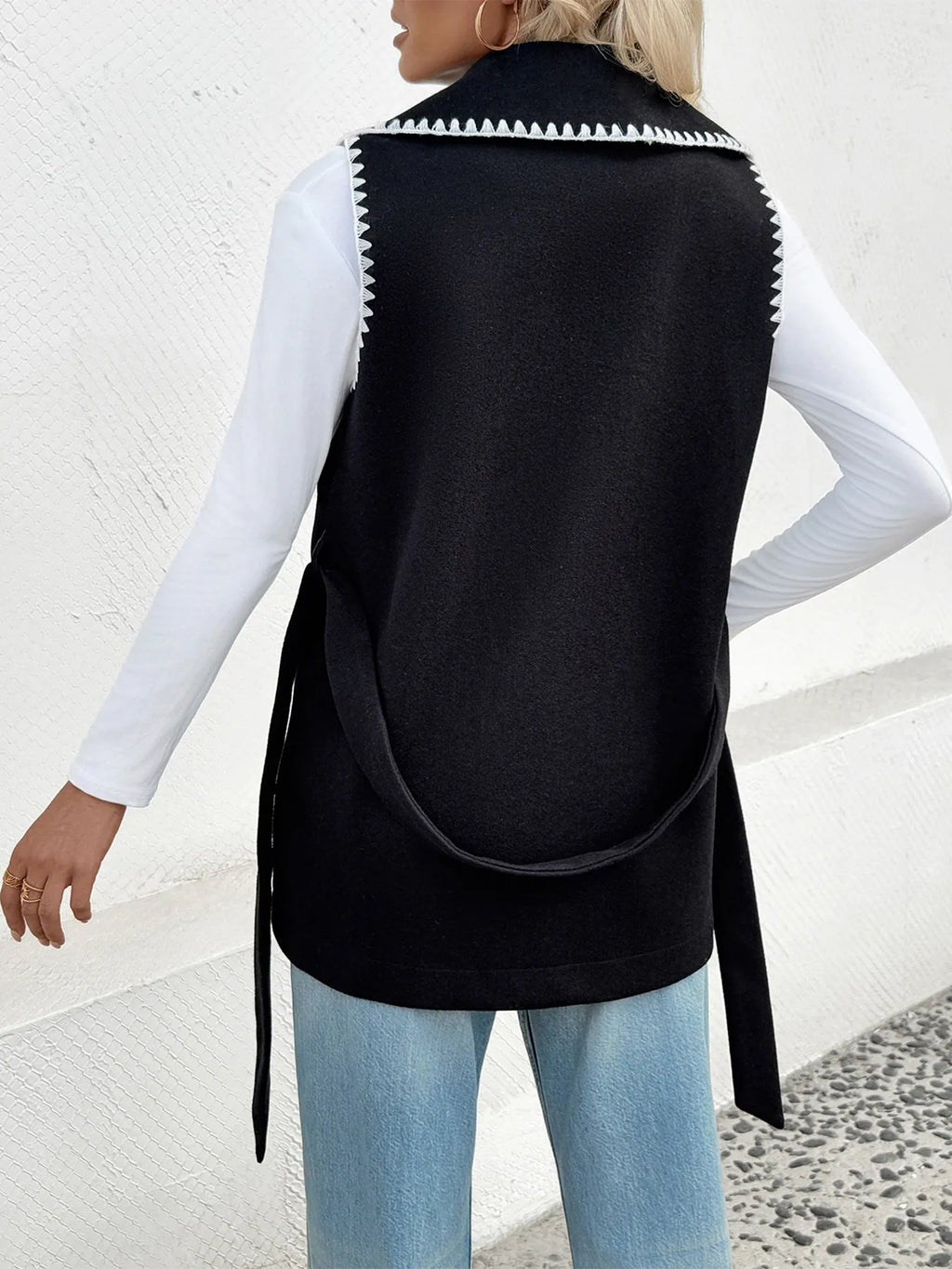 Contrast Trim Collared Neck Vest Coat