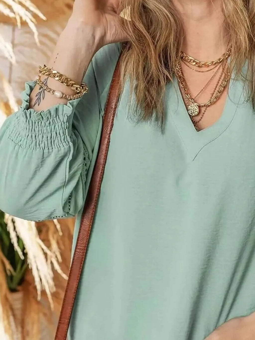 Solid Color Smocked Long Sleeve Blouse