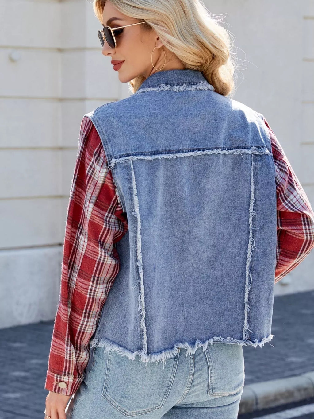 Raw Hem Plaid Sleeve Denim Jacket