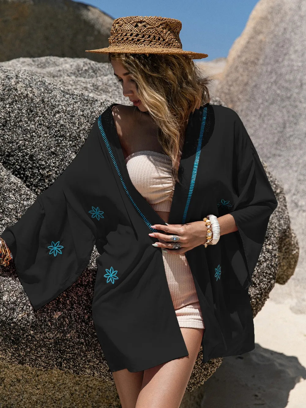 Embroidered Open Front Long Sleeve Cover Up