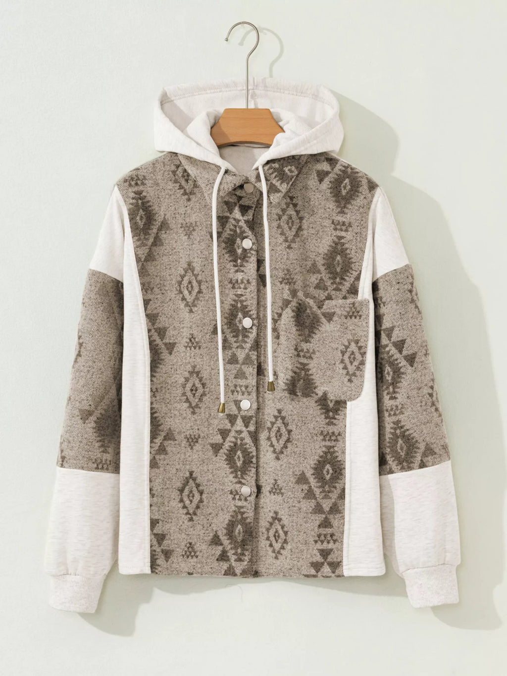 Western Aztec Print Color Block Patchwork Drawstring Hooded Shacket