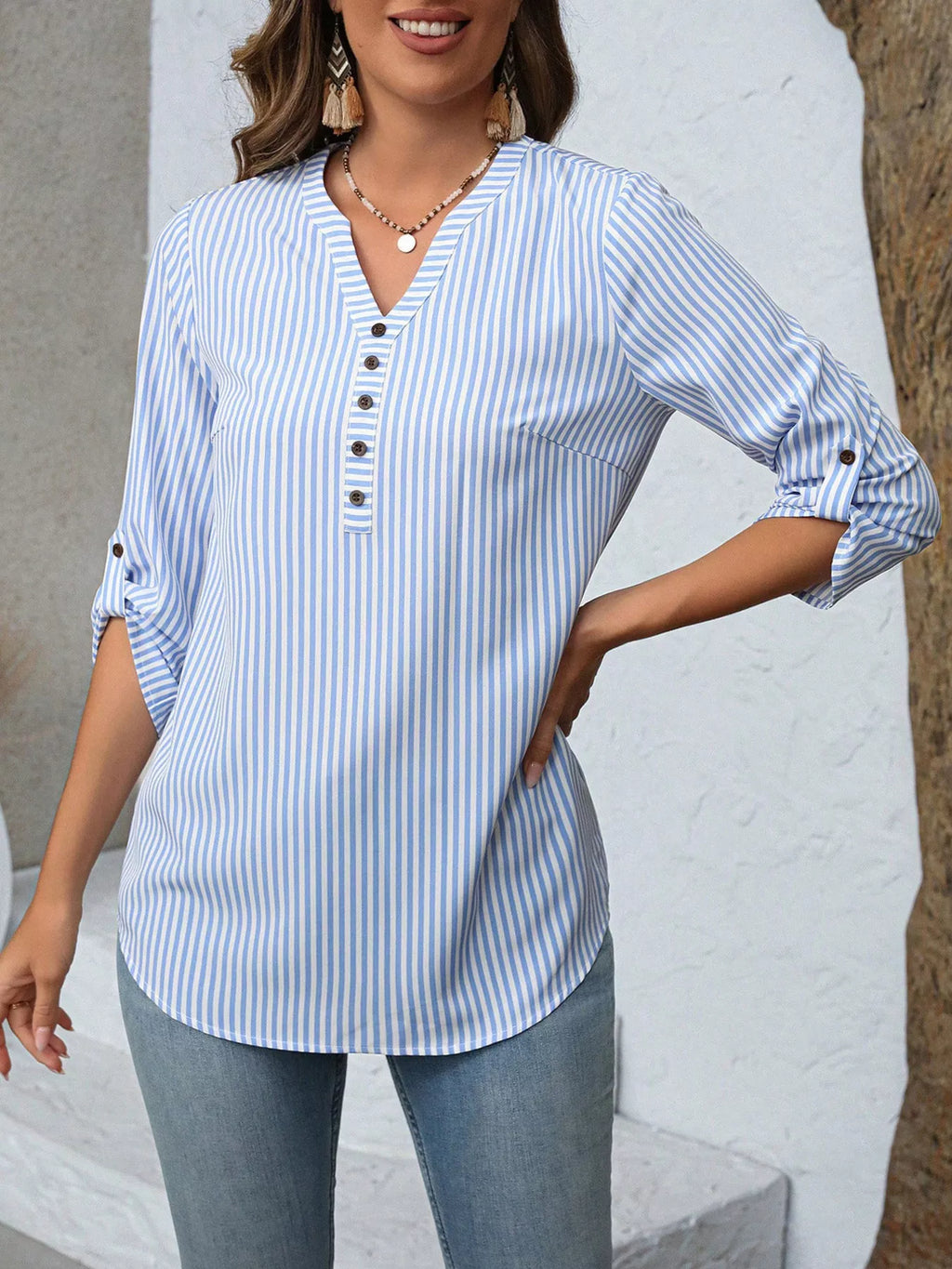 Striped V-Neck Roll-Up Sleeve Blouse