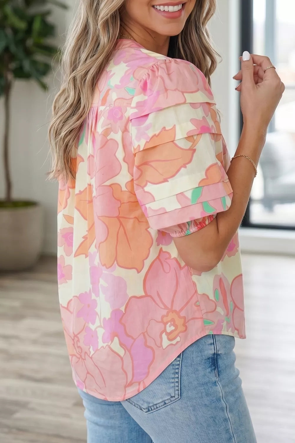 Floral Print Button Down Pintuck Short Sleeve Shirt