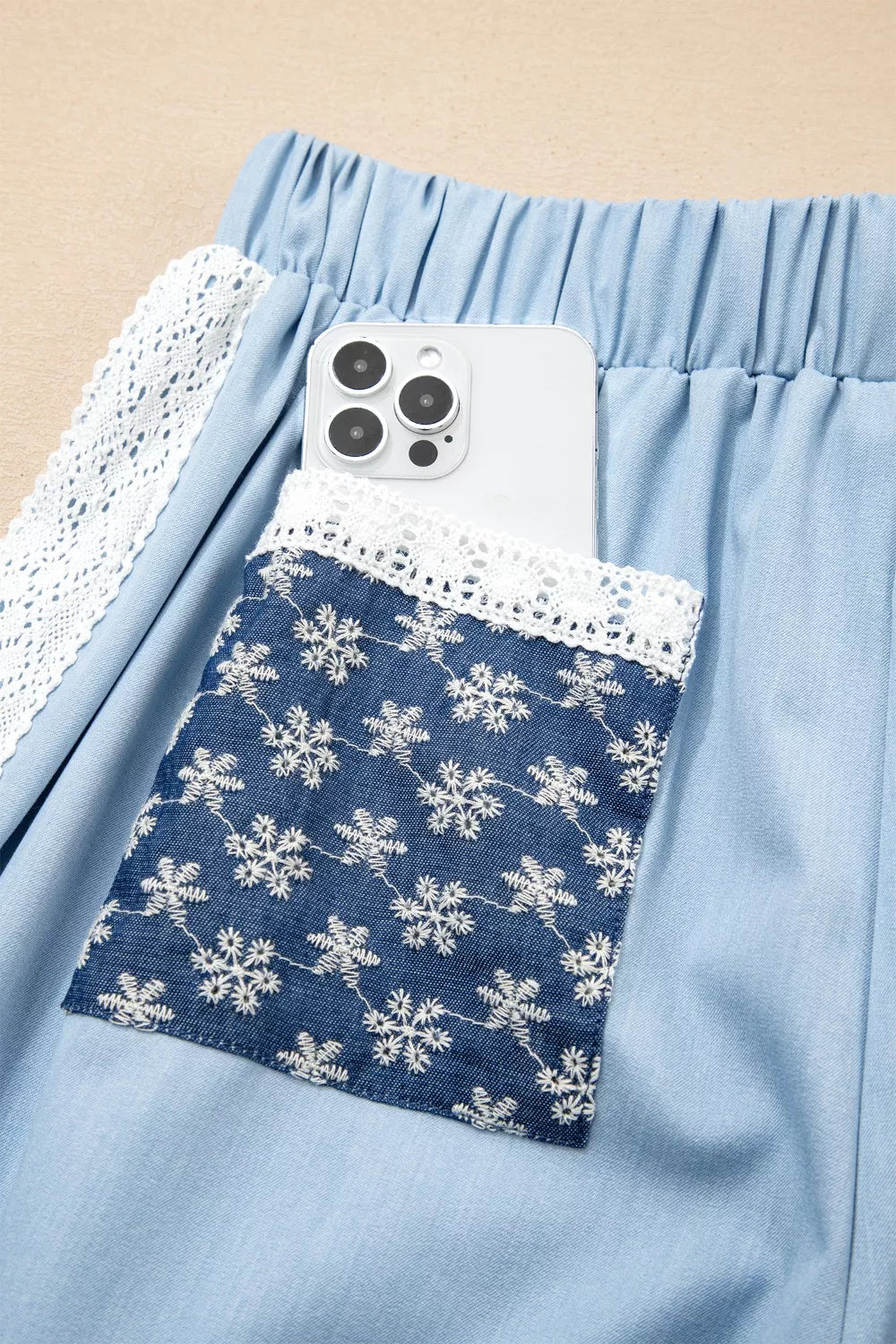 Lace Accent Floral Patched Pocket Pleated Wide Leg Slouchy Pants