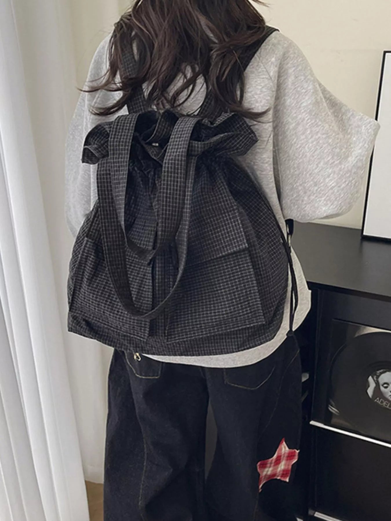 Convertible Plaid Drawstring Backpack Bag