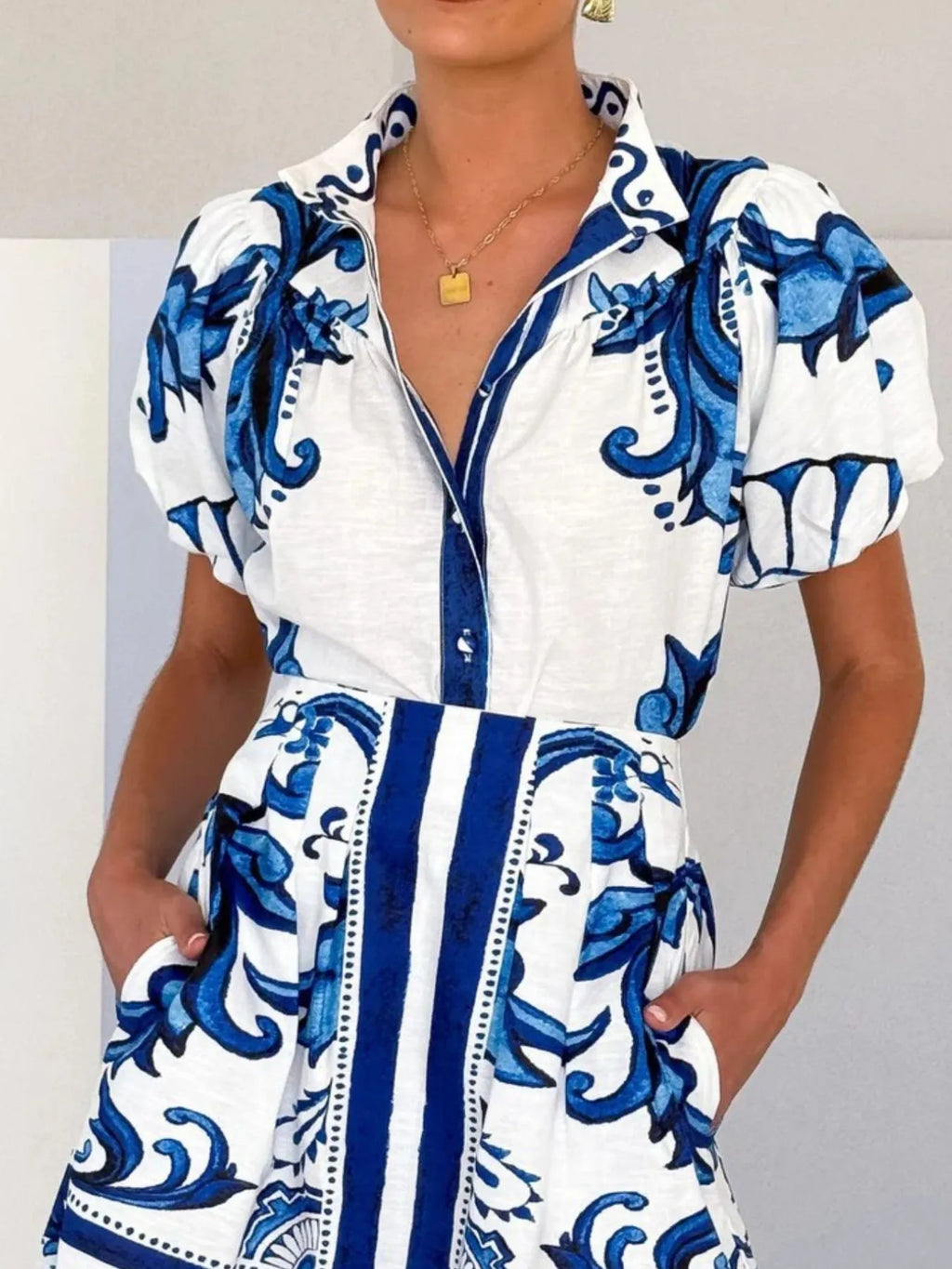 Puff Sleeve Printed Top and Zip Back Skirt Set