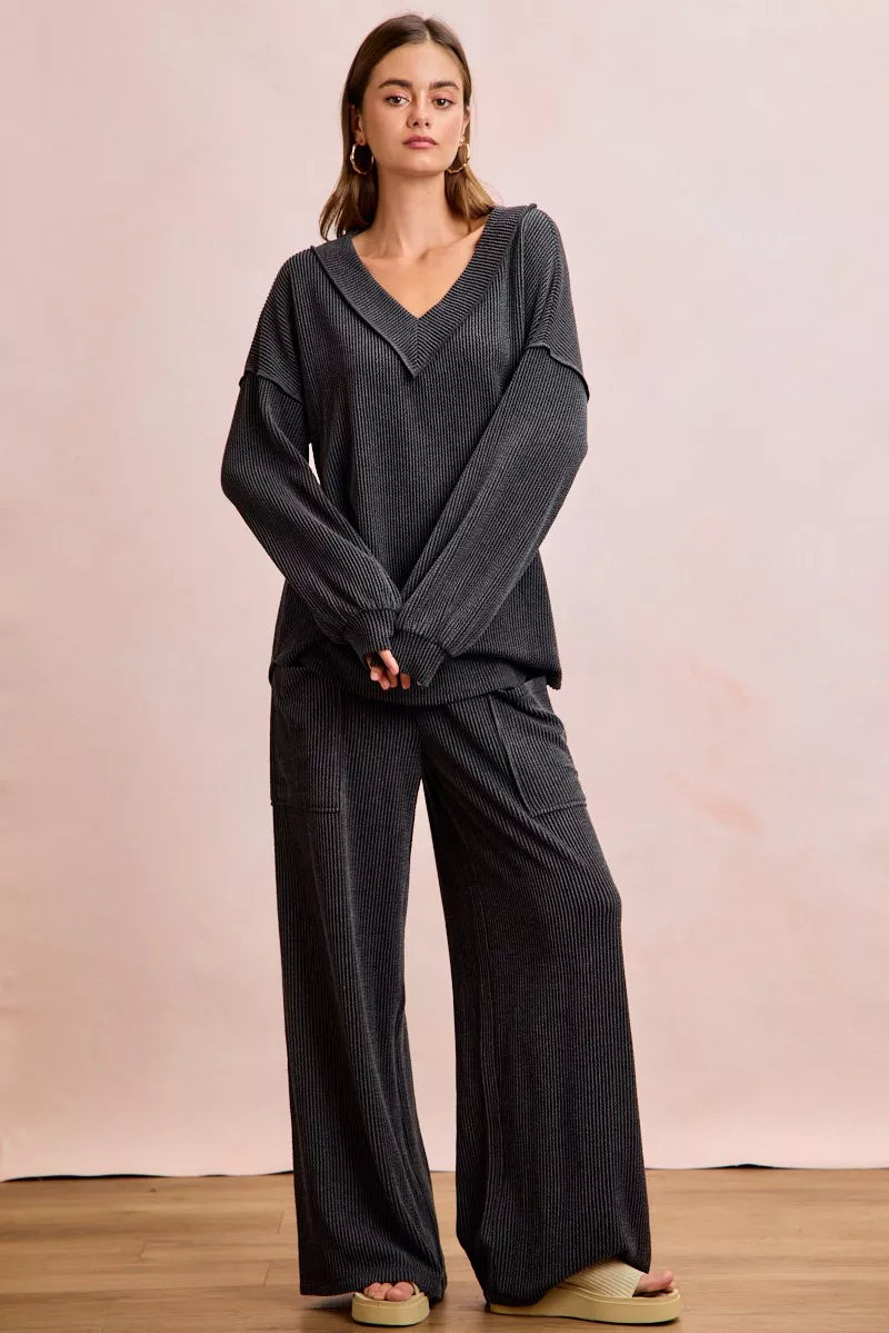BiBi Two Tone Cord Rib Contrast Stitching V-Neck Top and Pants Set