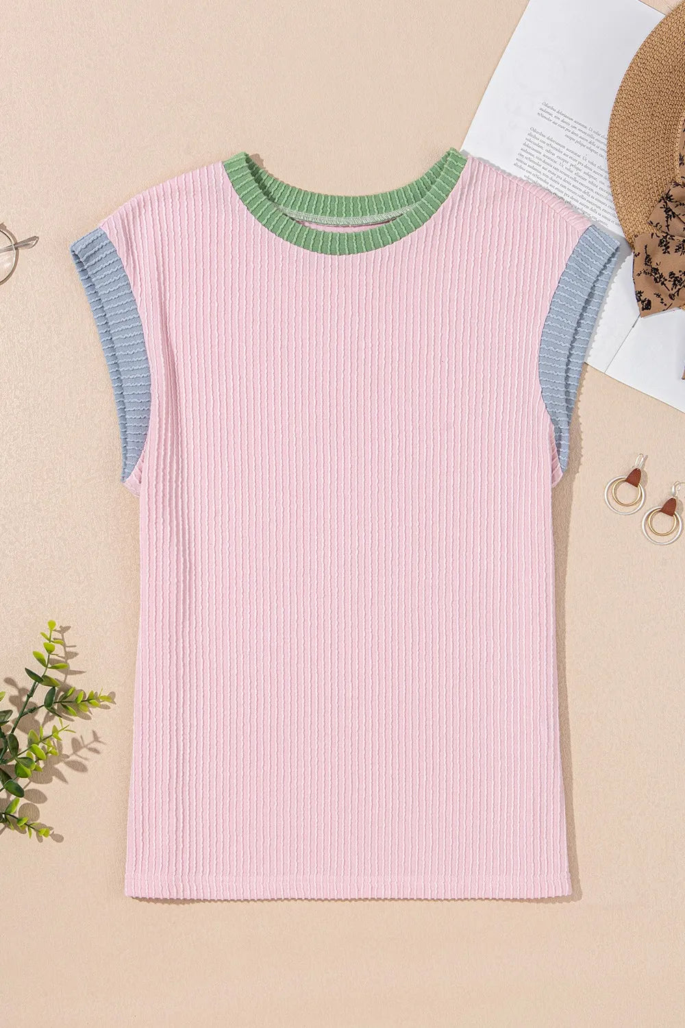 Contrast Trim Round Neck Cap Sleeve Top