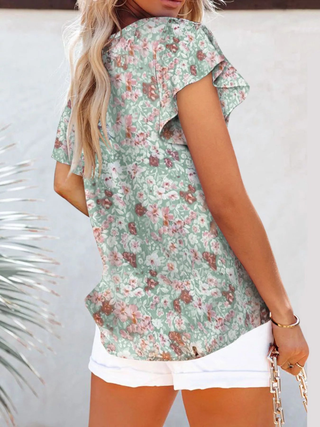 Full Size Floral Print Flutter Sleeve V-Neck Blouse Plus Size
