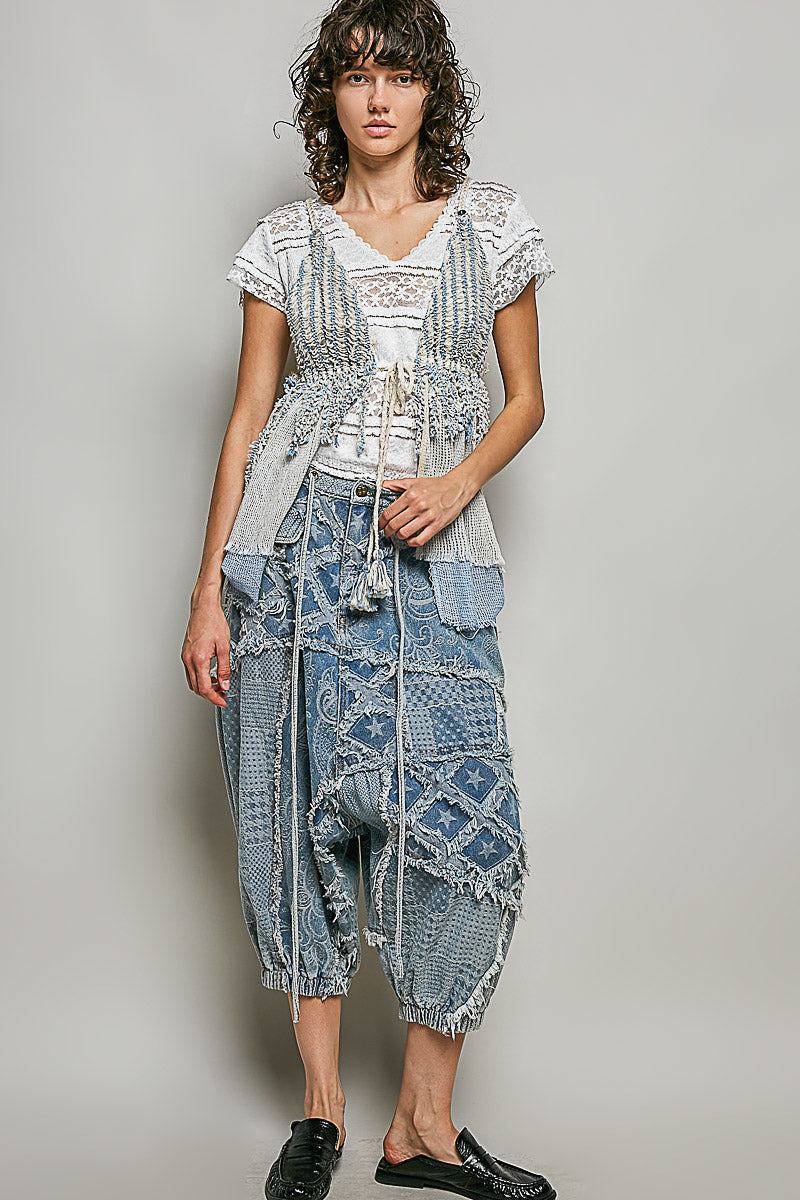 POL Subtle Stripe Pattern Cross-Back String Top with Center Tie Detail