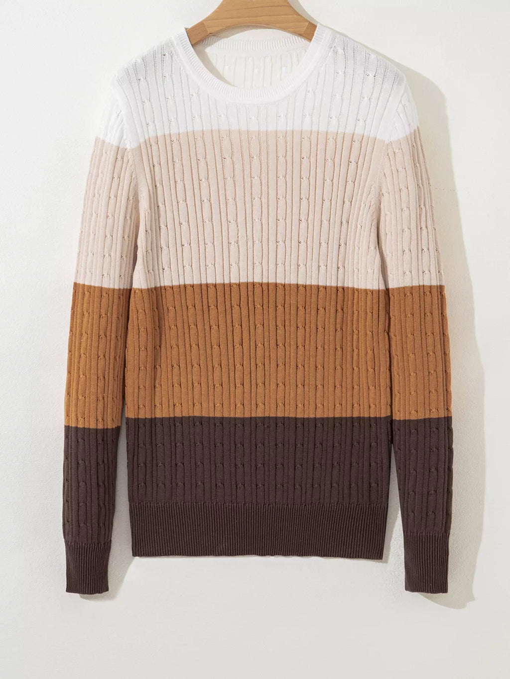Colorblock Cable Knit Round Neck Sweater