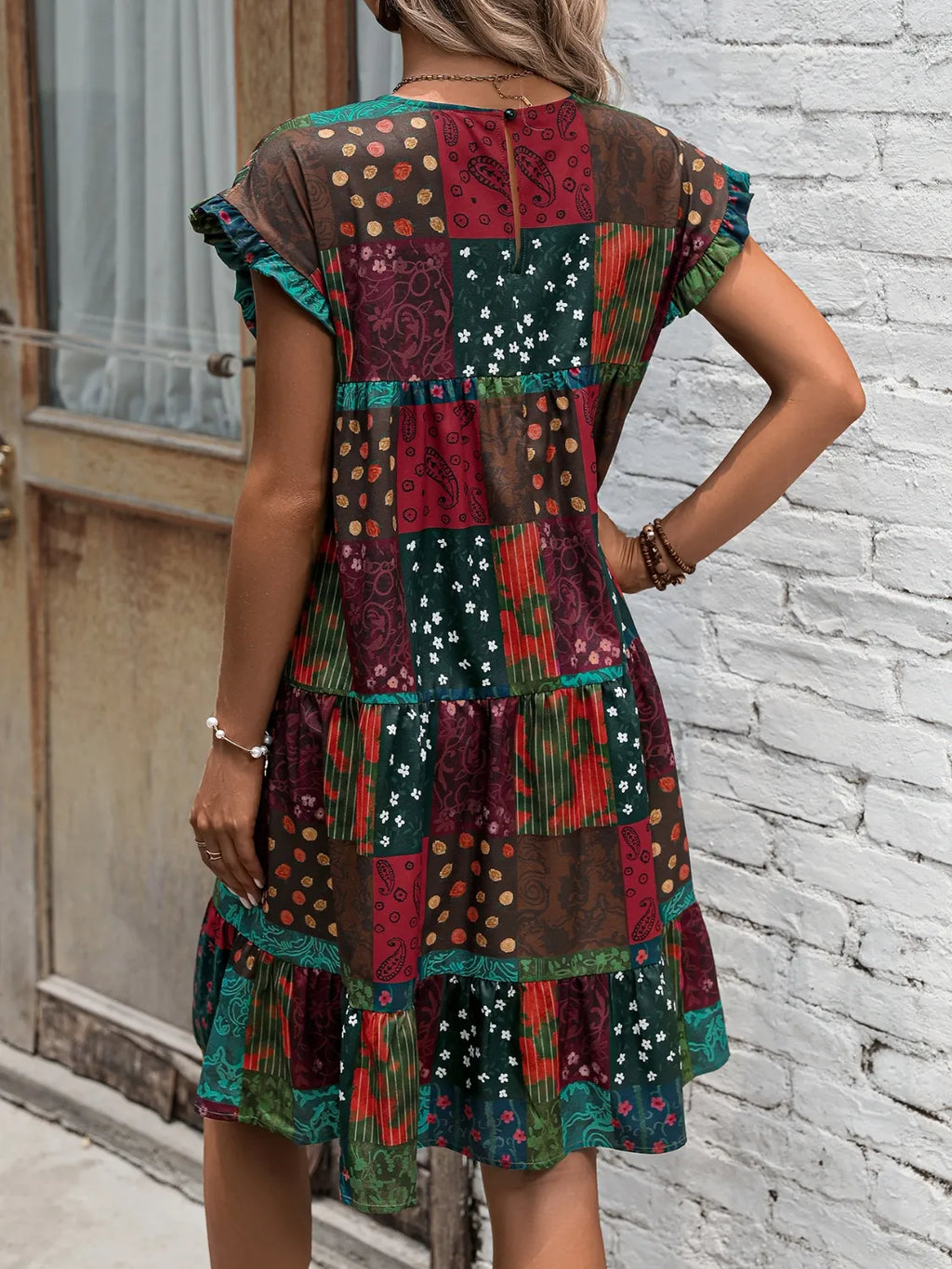 Color Block Print Short Sleeve Mini Dress