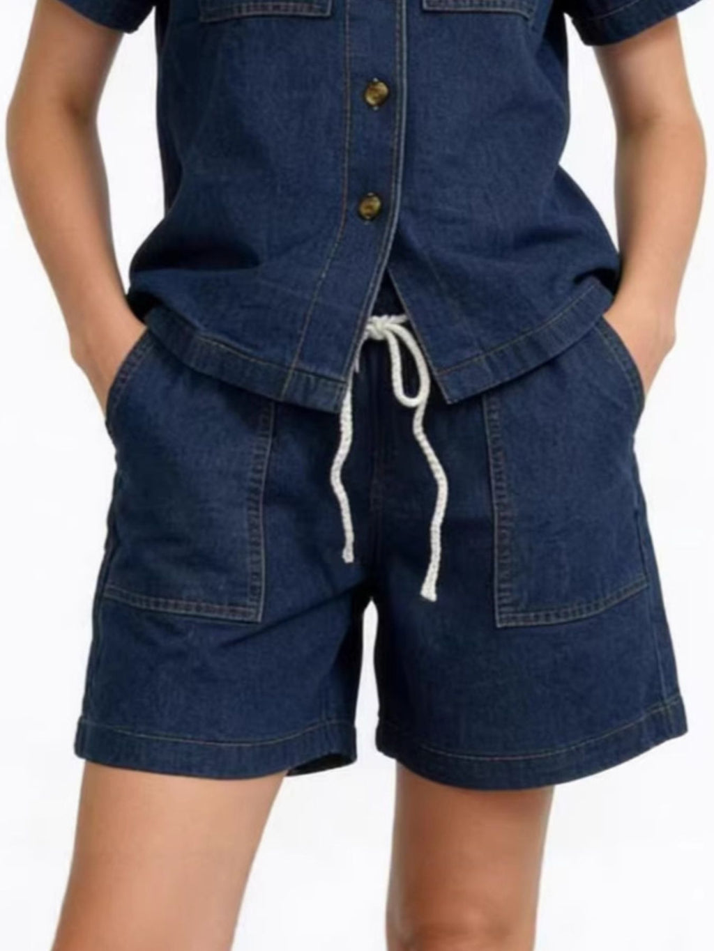 Button Up Short Sleeve Top and Shorts Denim Set