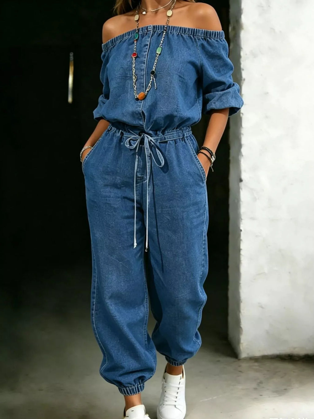 Off Shoulder Jumpsuit with Pockets