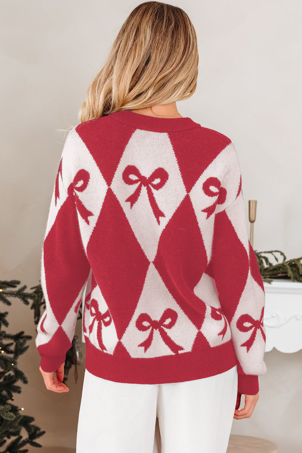 Bow Colorblock Rhombus Drop Shoulder Sweater