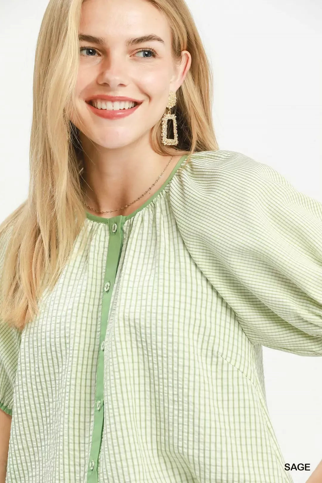 Umgee Checker Puff Sleeve Button Front Blouse