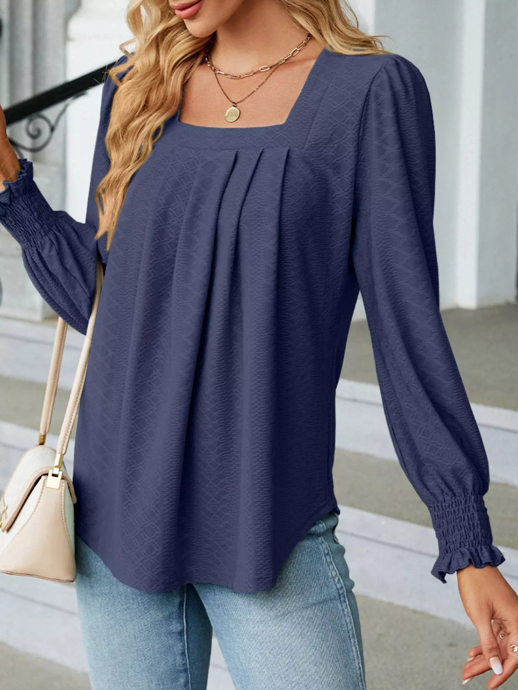 Pleated Square Neck Long Sleeve Top