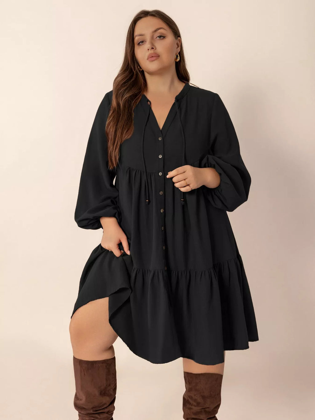 Plus Size Button Front Balloon Sleeve Dress