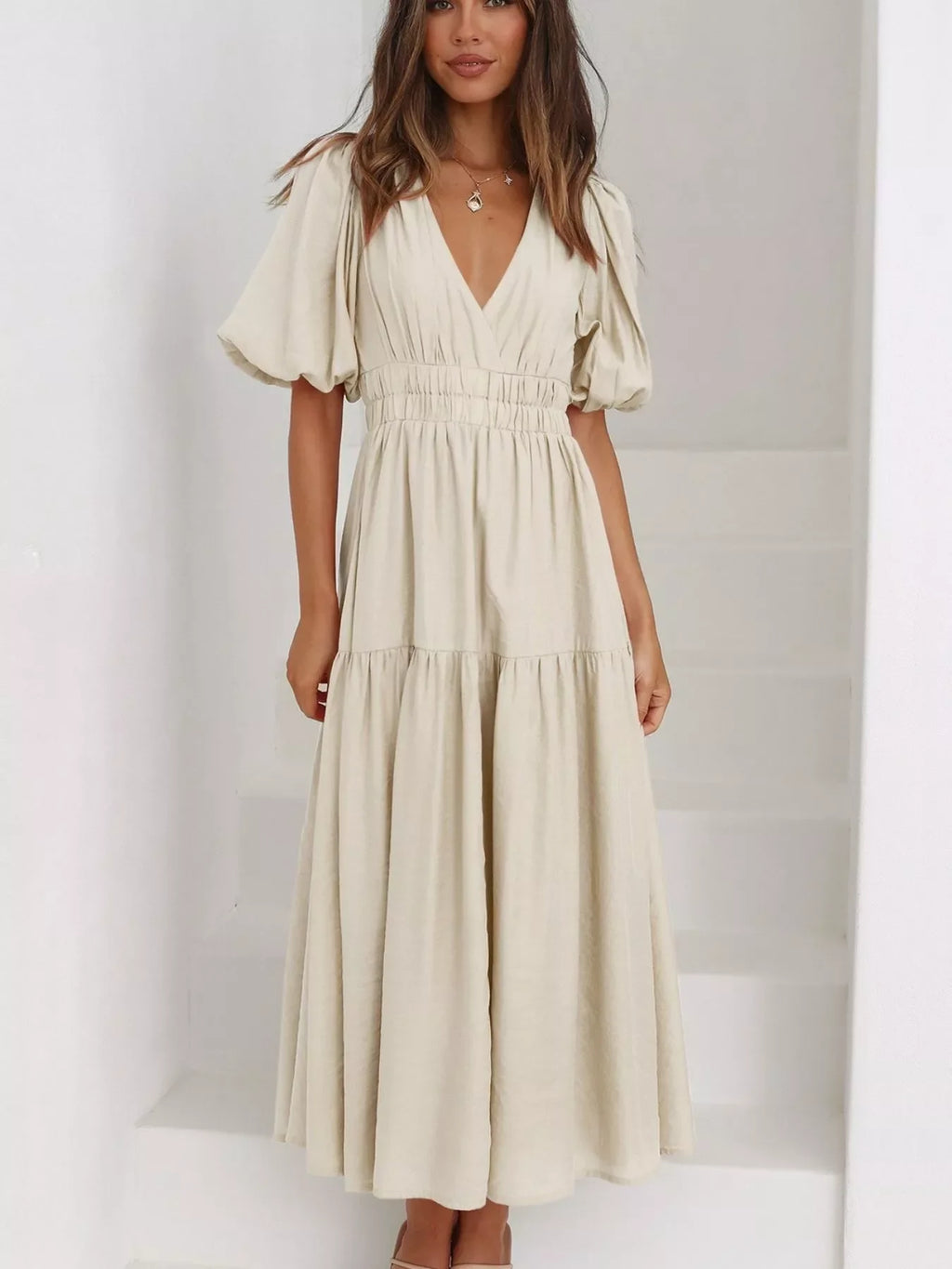 V-Neck Puff Sleeve Midi Dress