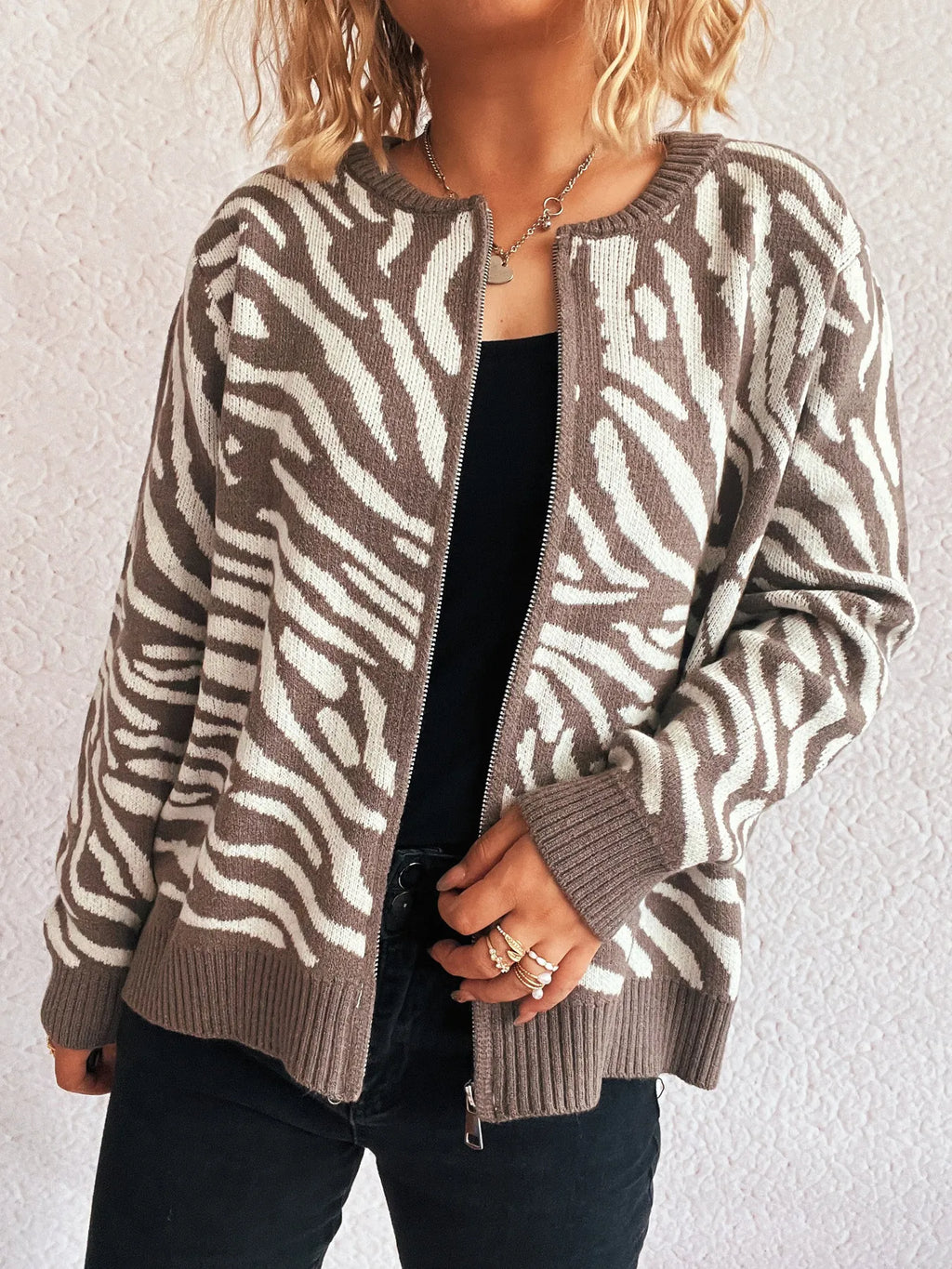 Zebra Print Zip Up Cardigan