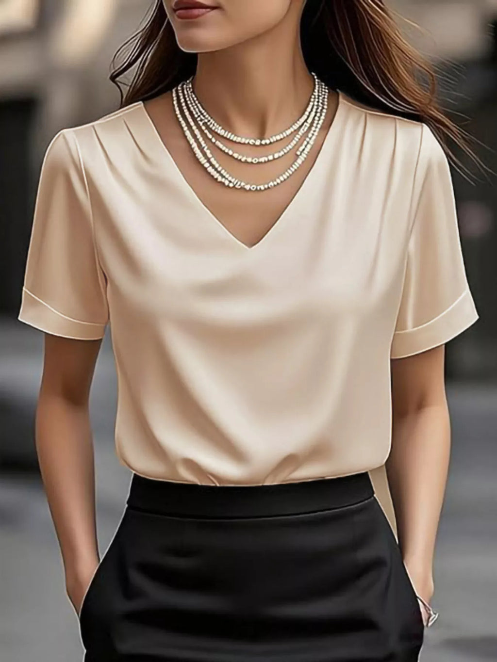 V-Neck Short Sleeve Satin Blouse