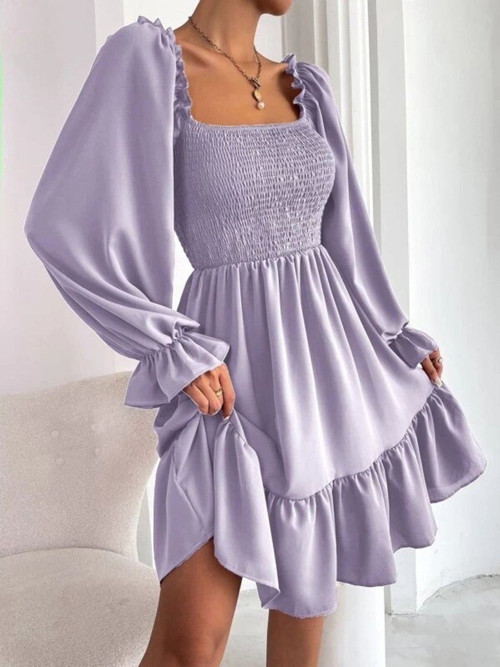 Smocked Flounce Sleeve Mini Dress