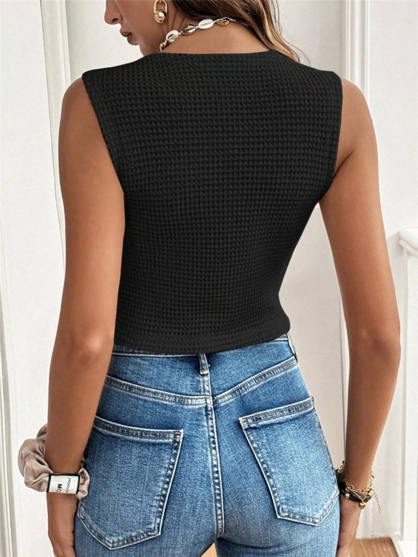 Textured Button-Front Sleeveless Vest Top