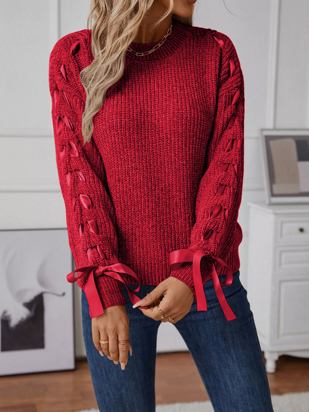 Ribbon-Tie Sleeve Round Neck Sweater