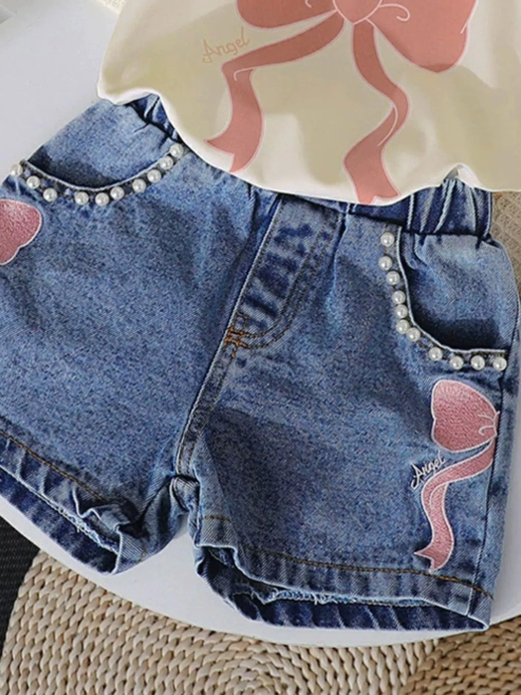 Children's Bowknot T-shirt and Denim Shorts Set