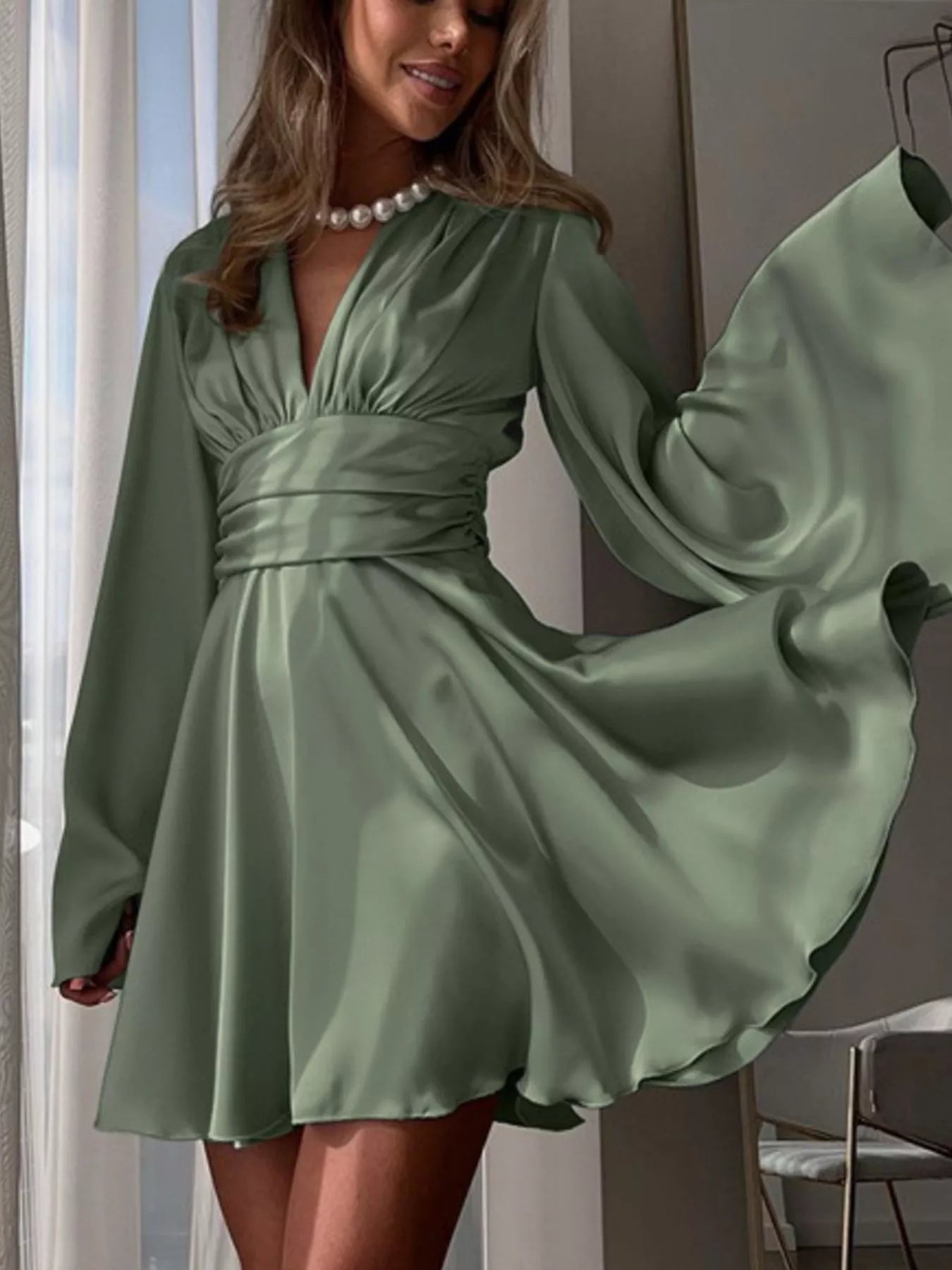 V-Neck Satin Mini Dress with Flowy Sleeves
