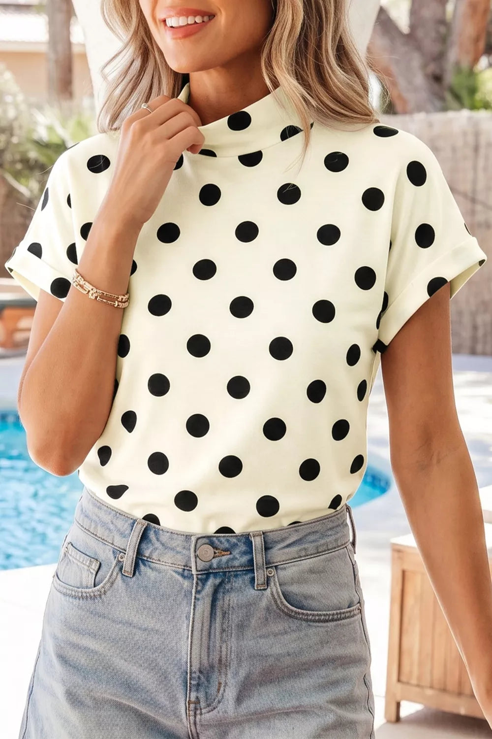 Polka Dot Mock Neck Short Sleeve Blouse