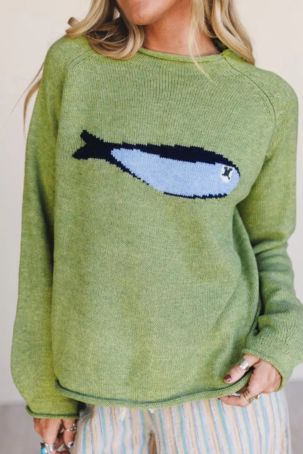 Fish Graphic Round Neck Sweater