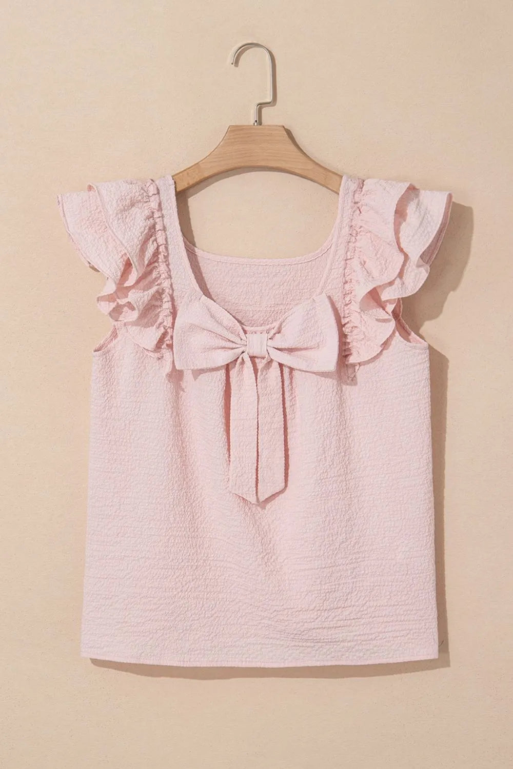 Textured Bow Knot Frilled Butterfly Sleeve Blouse