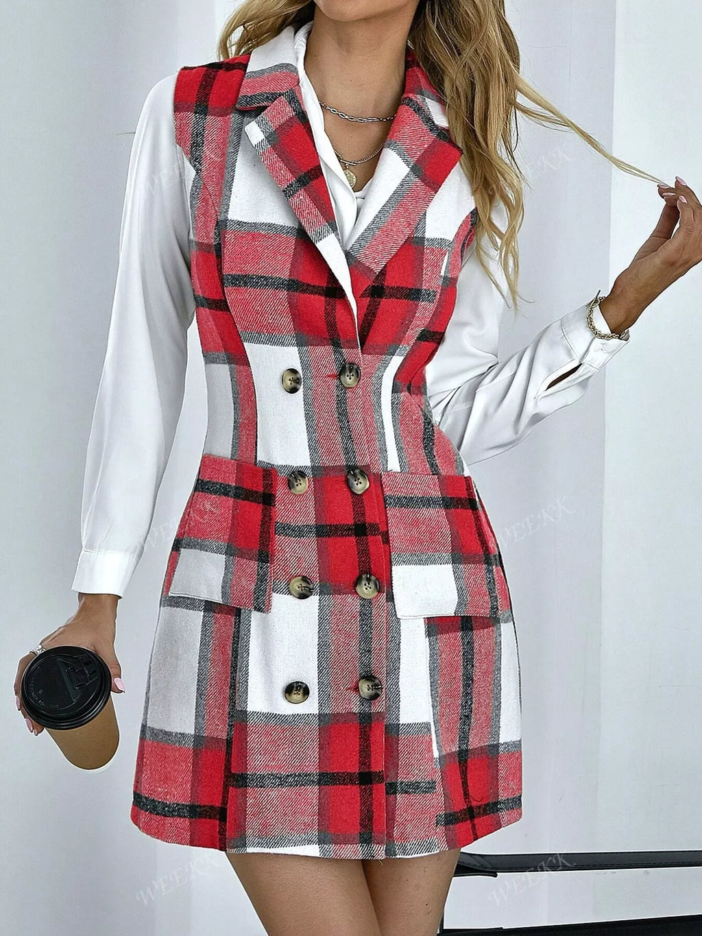 Plaid Double-Breasted Sleeveless Blazer Dress