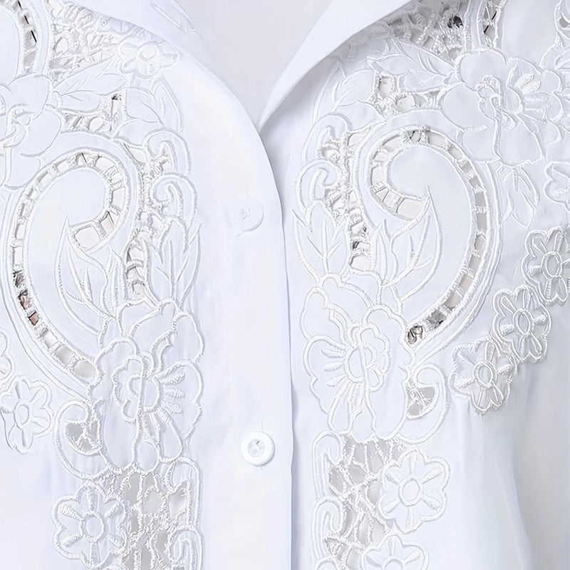 Women’s Contrast Lace Long-Sleeve Button‑Down Blouse