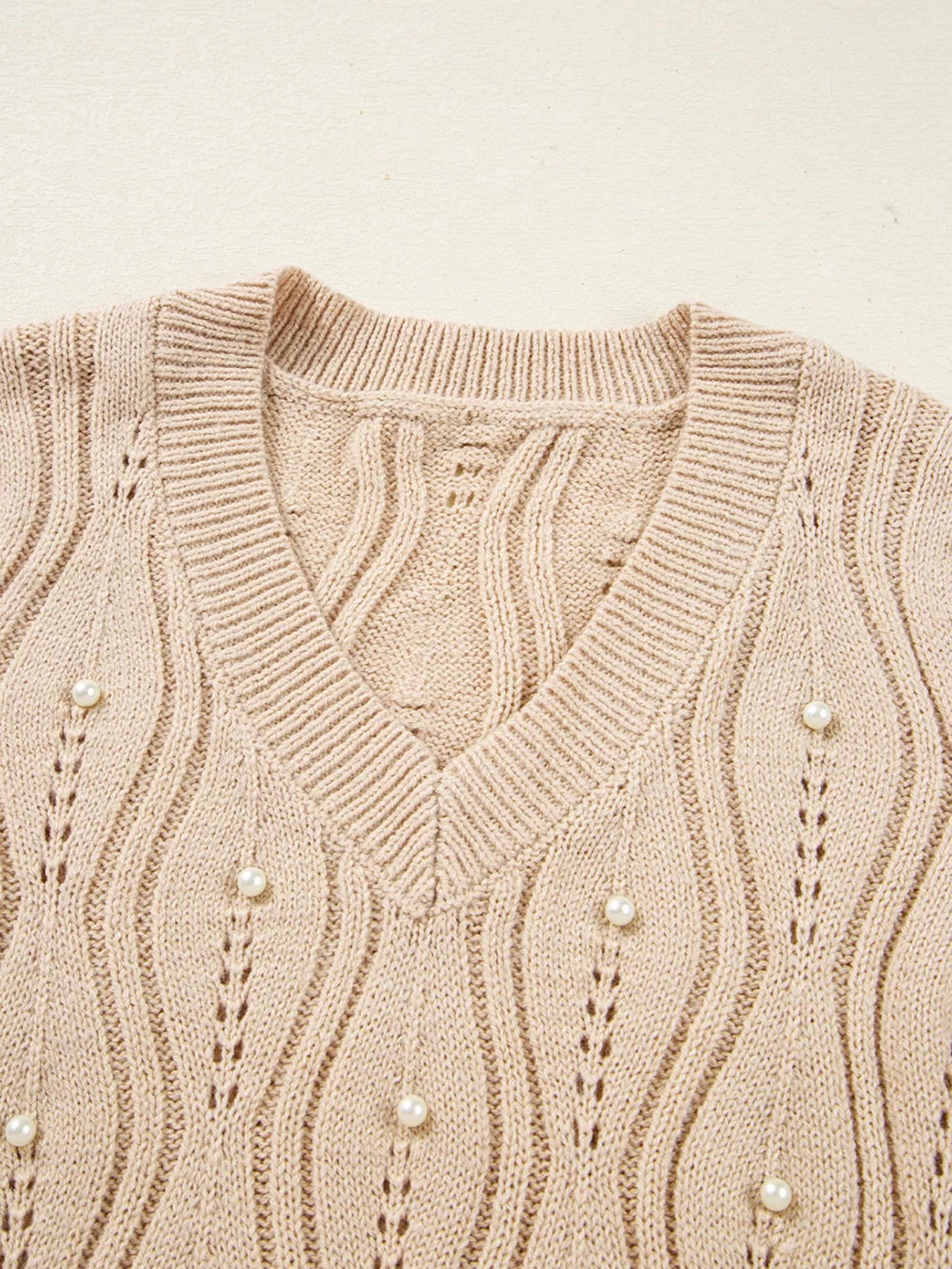 Pearl-Embellished V-Neck Pullover Sweater