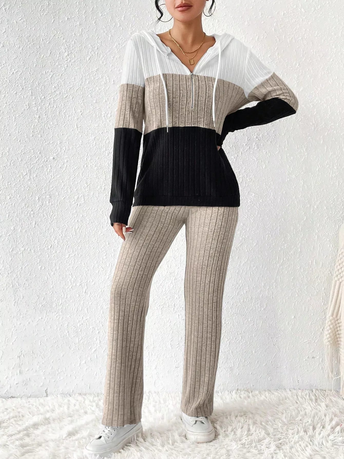 Color Block Half Zip Hooded Top and Pants Set
