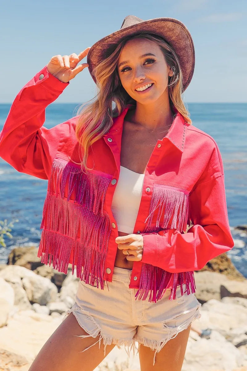 BiBi Rhinestone Fringe with Studed Collar Jacket