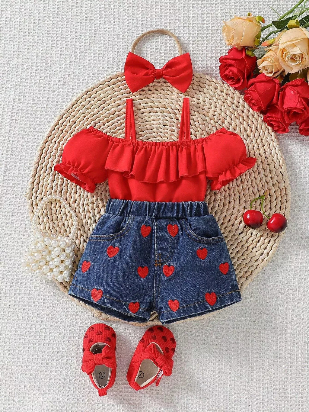 Children's Ruffled Top & Heart Embroidered Denim Shorts Set