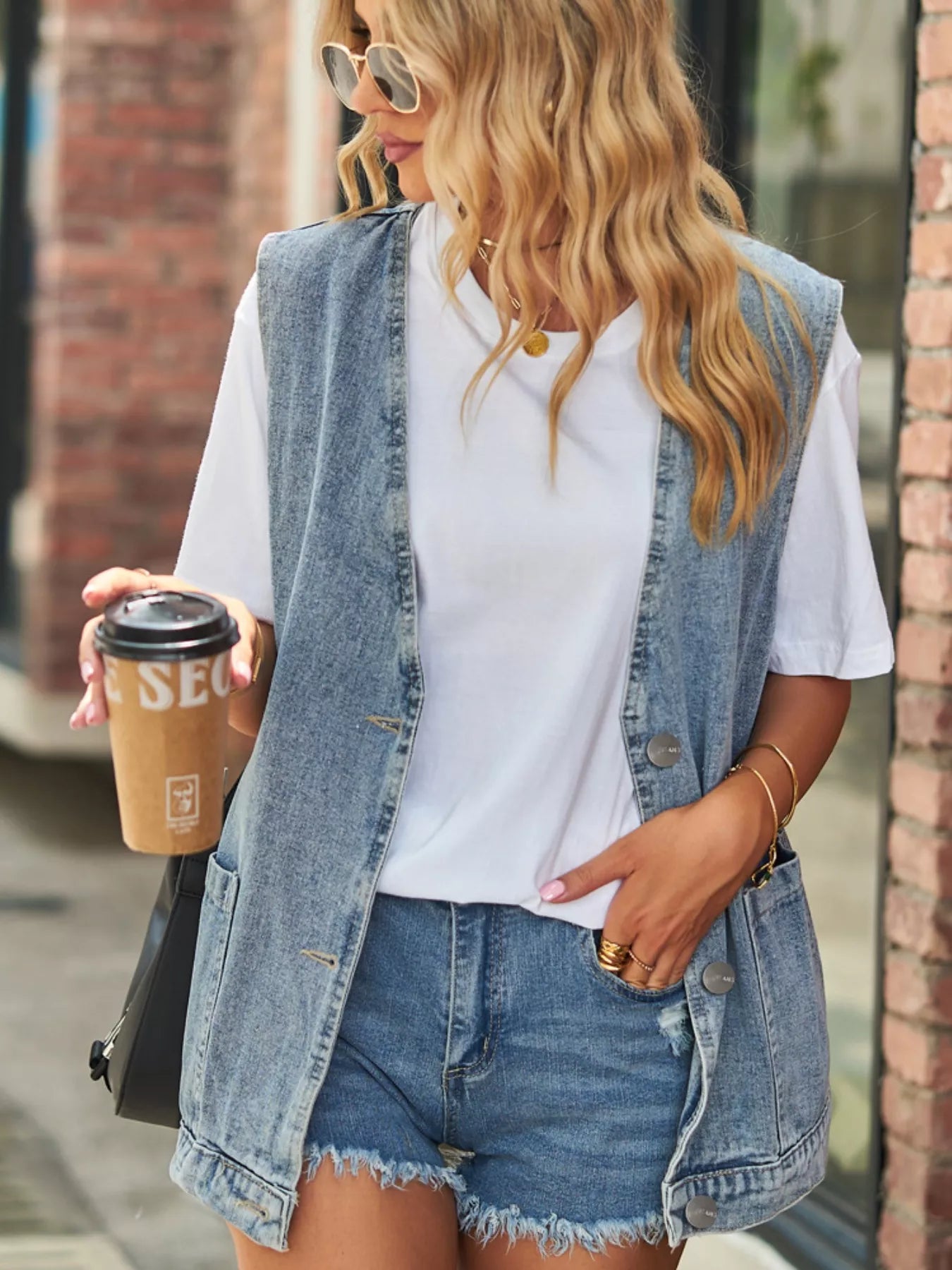 Sleeveless Button-Down Denim Jacket Vest