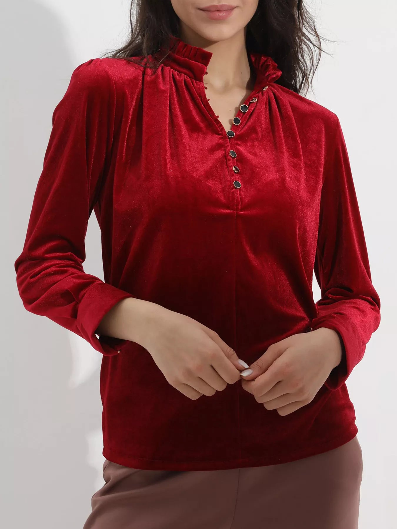 Elegant Velvet Ruffle Neck Blouse