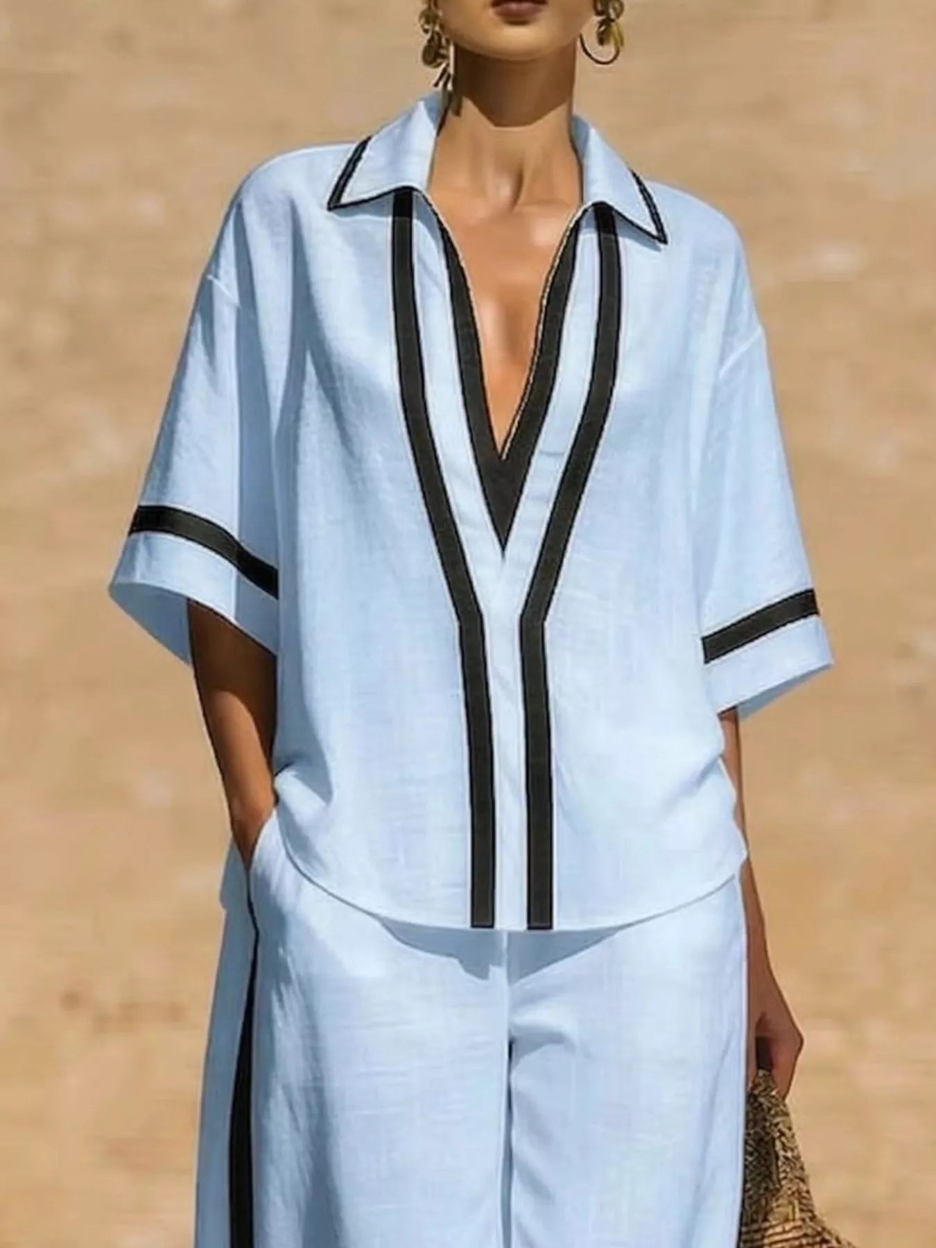 Full Size Contrast Trim Top and Pants Set Plus Size