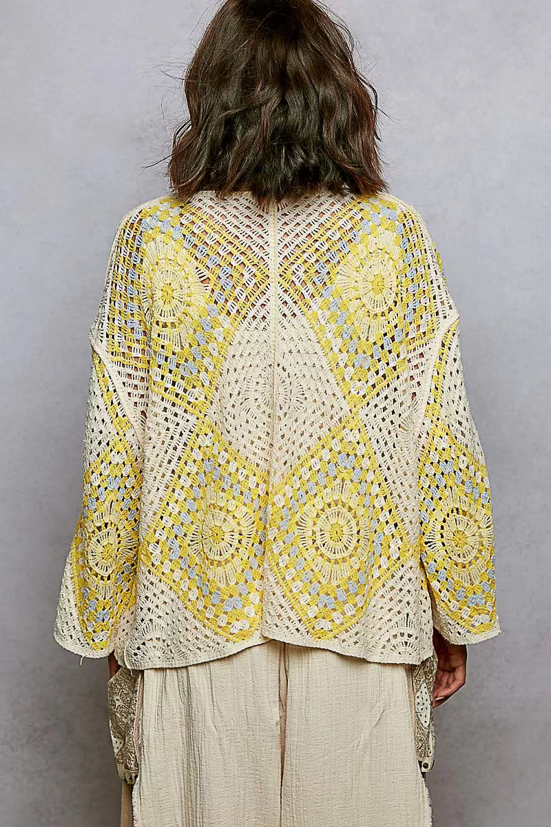 POL Open Front Crochet Cardigan with Granny Square Pattern