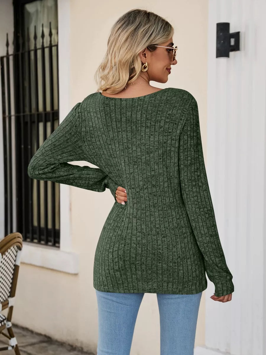 Ribbed Square Neck Long Sleeve T-Shirt