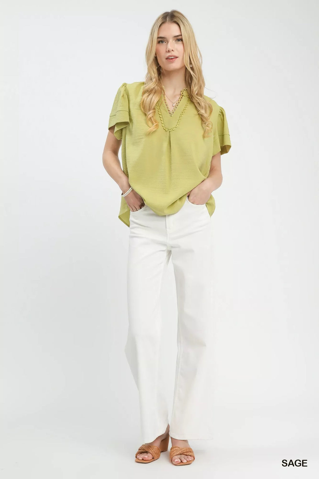 Umgee Seersucker Short Sleeve Top with Lace Trim