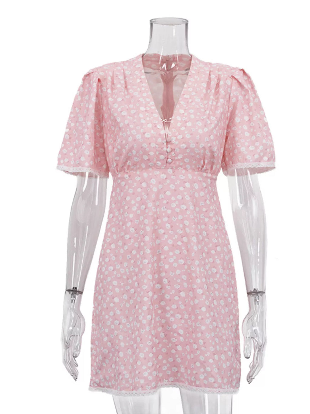 V-Neck Puff Sleeve Mini Dress with Lace Trim
