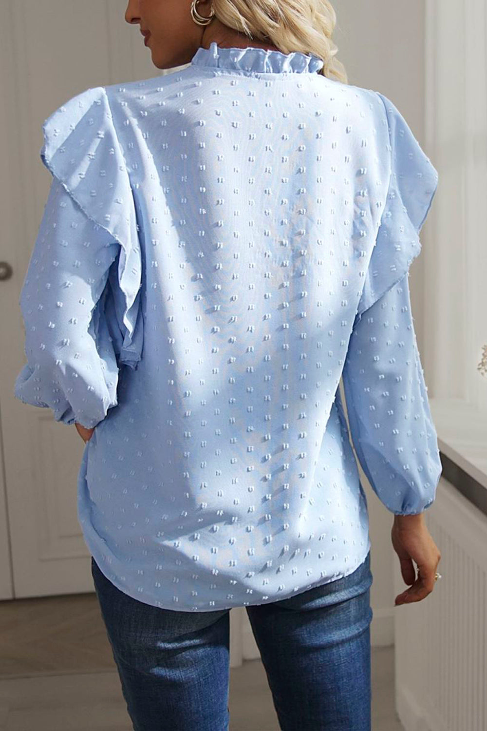 Swiss Dot Ruffled Long Sleeve Blouse