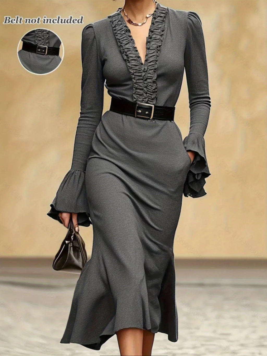 Frill V-Neck Flare Sleeve Dress