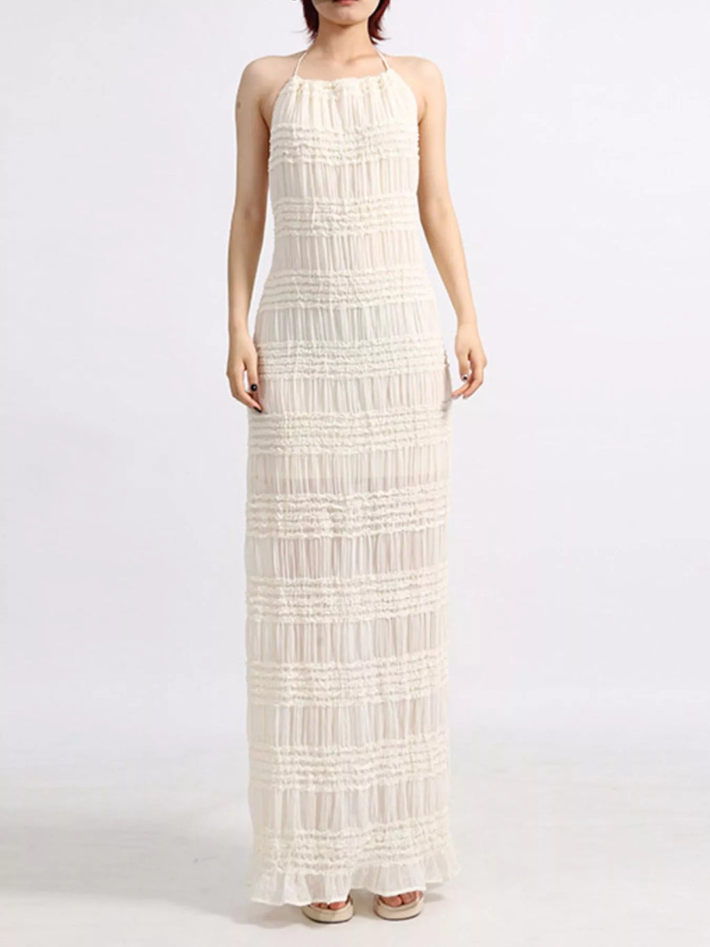 Backless Halter Neck Ruched Maxi Dress