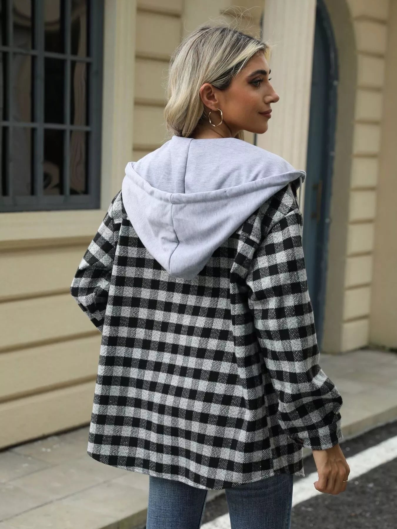 Plaid Button Up Long Sleeve Drawstring Hooded Jacket